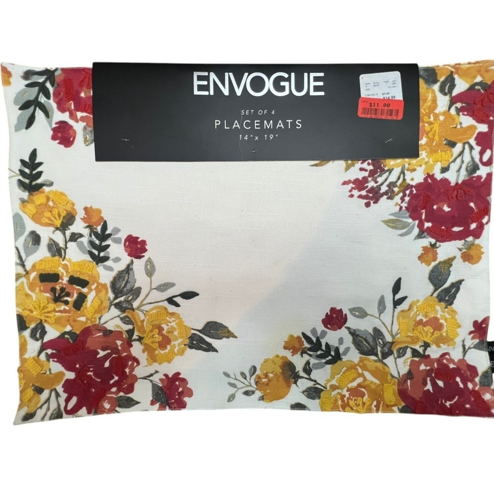 EnVogue‎ Placemats Set of 4 14x19 Multicolor Brand New Floral Embroidered Cotton